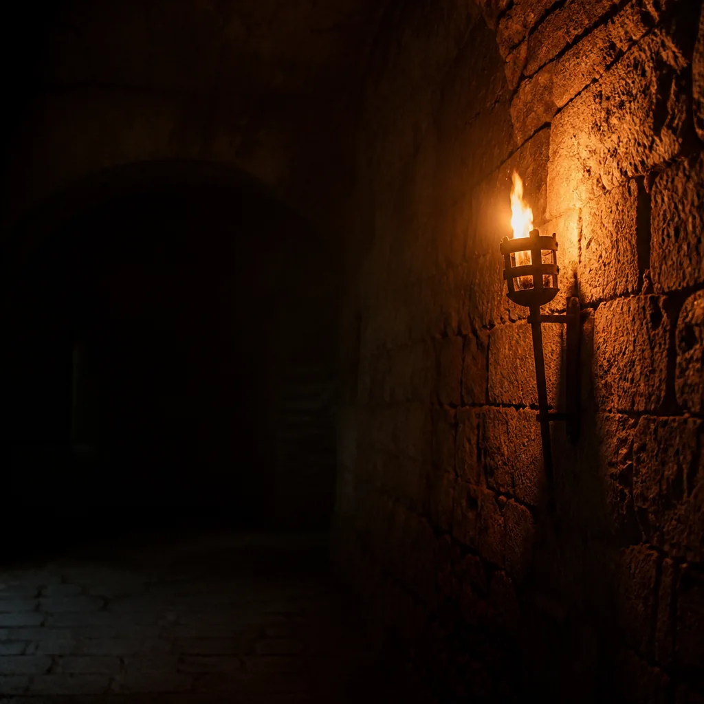 Antorcha encendida en un muro de piedra iluminando un pasadizo medieval