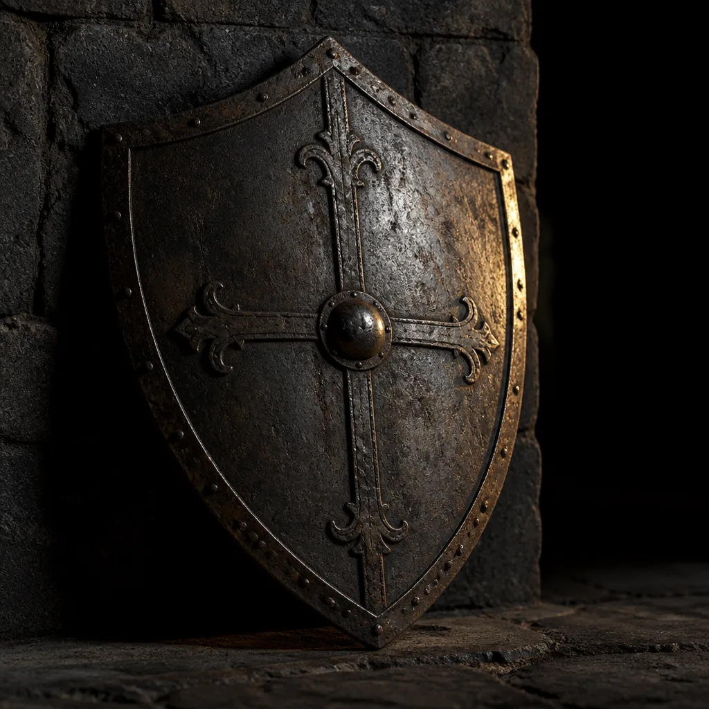 Escudo heráldico de metal apoyado sobre un muro de piedra oscura