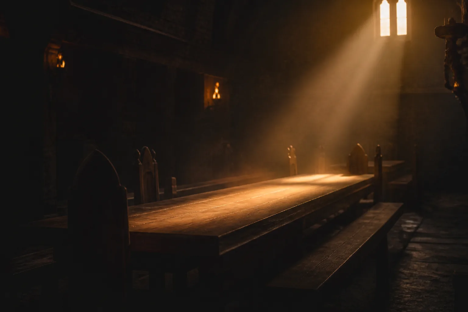 Salón medieval en penumbra con un haz de luz dorada sobre una larga mesa de madera