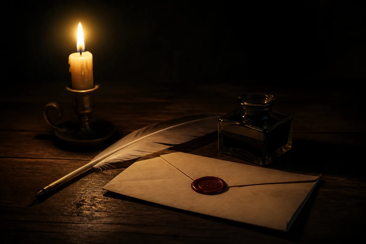 Pluma de escribir junto a una carta sellada con cera y un tintero sobre madera oscura a la luz de una vela